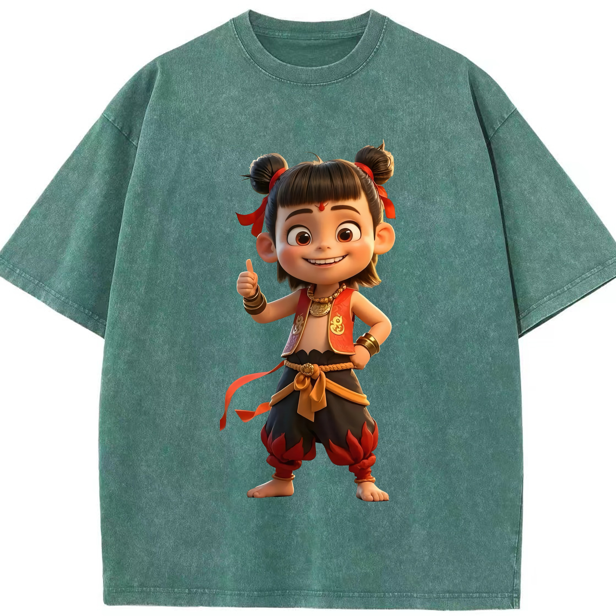 （画像用） Ne Zha 2 ナタ 魔童の大暴れ 綿100% ヴィンテージ風 半袖Tシャツ（フロントプリント）